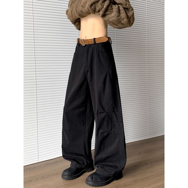 Whyessa-Mid Rise Plain Baggy Pants