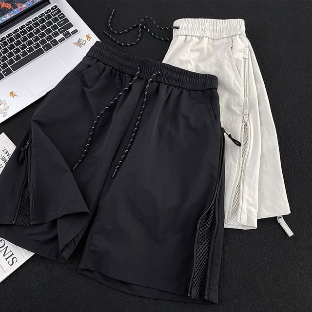 Whyessa-Mid Rise Plain Mesh Panel Shorts