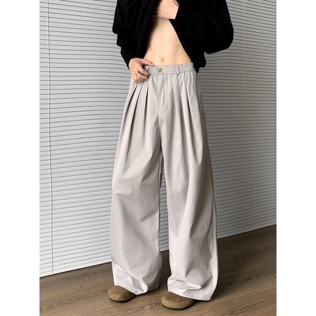 Whyessa-Mid Rise Plain Pleated Baggy Pants
