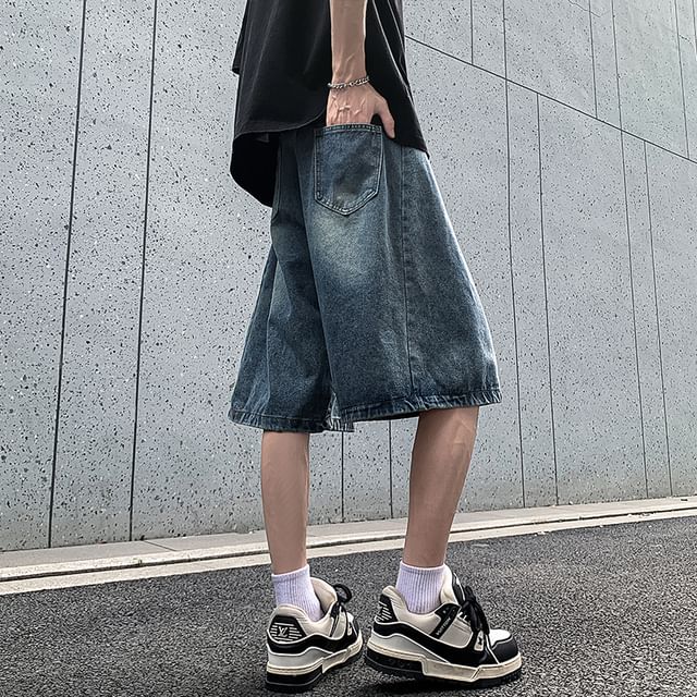Whyessa-Mid Rise Washed Denim Shorts