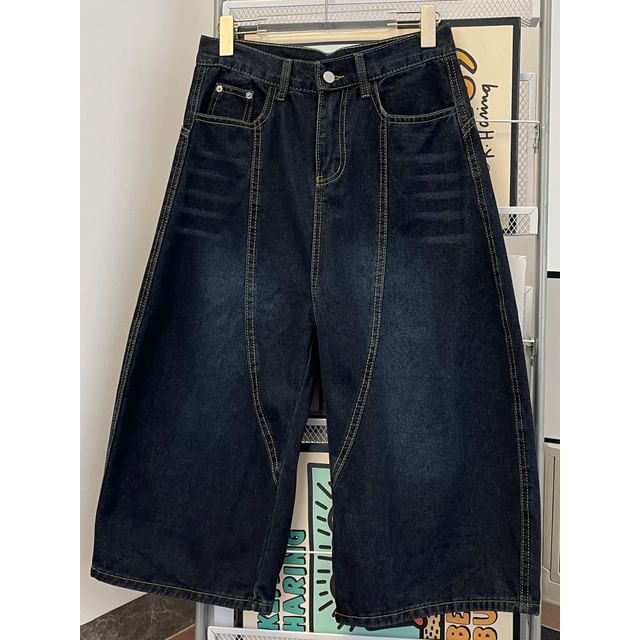 Whyessa-Mid Rise Washed Wide Leg Jorts