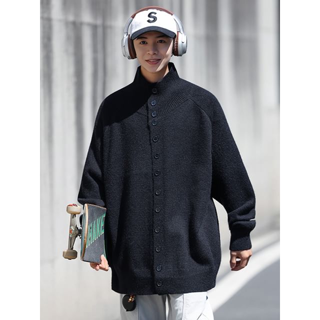Whyessa-Mock Neck Button-Up Plain Cardigan