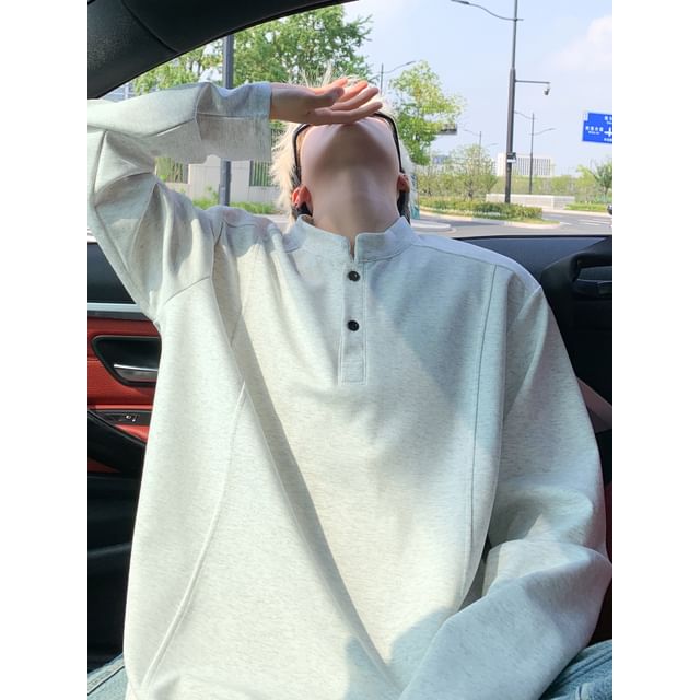 Whyessa-Mock Neck Henley Plain Sweatshirt