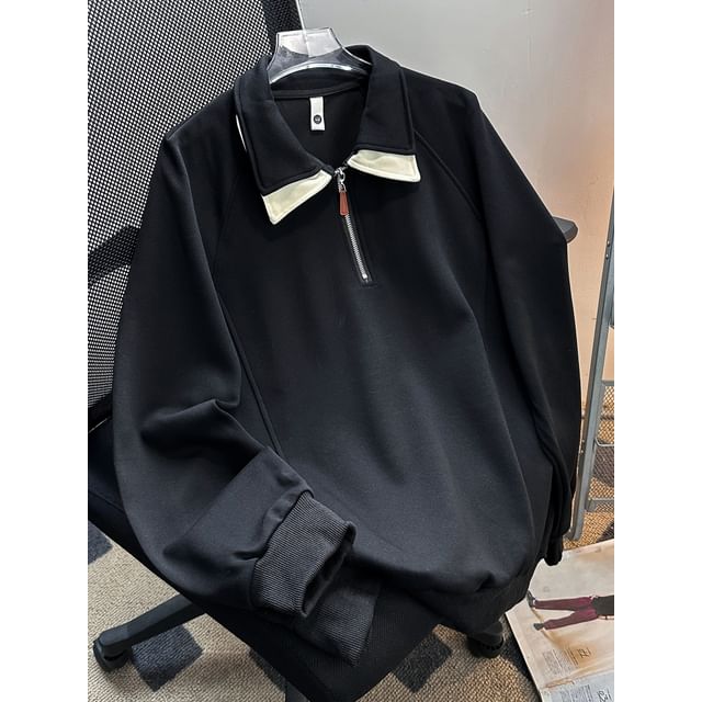 Whyessa-Mock Two-Piece Half Zip Two Tone Polo Sweatshirt