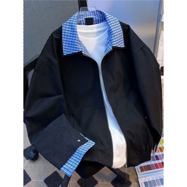 Whyessa-Mock Two-Piece Plaid Collar Zip-Up Jacket