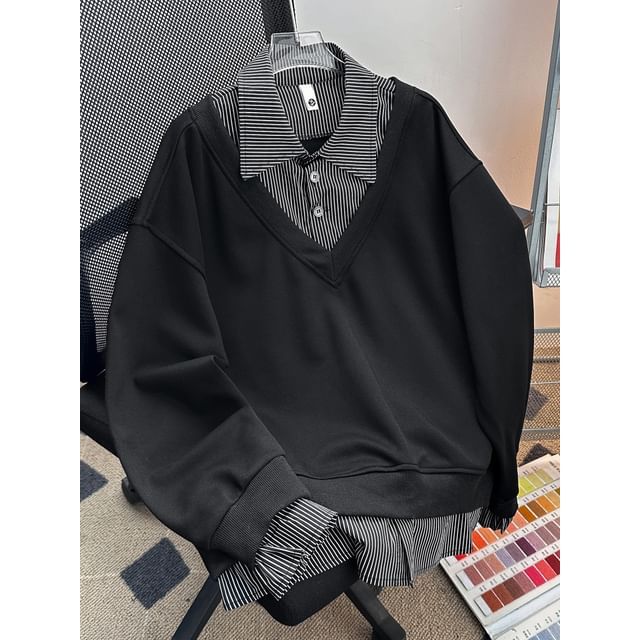 Whyessa-Mock Two-Piece Striped Collar Sweatshirt