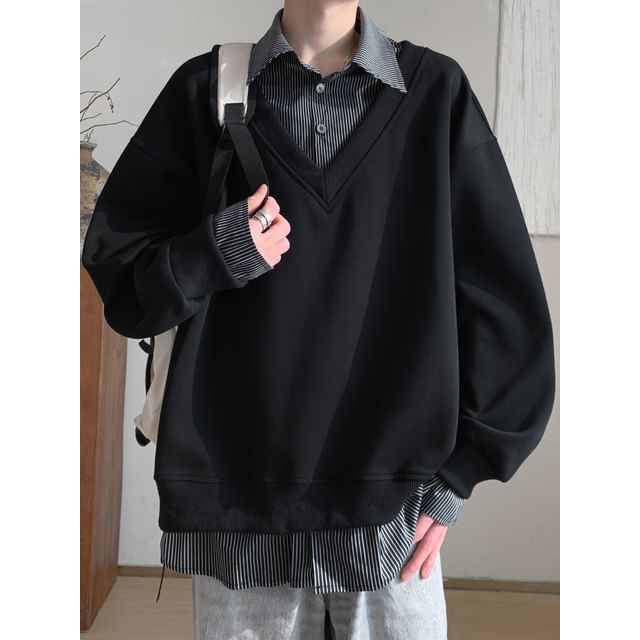 Whyessa-Mock Two-Piece Striped Collar Sweatshirt
