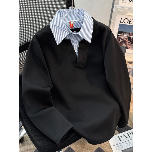 Whyessa-Mock Two-Piece Striped Collar Sweatshirt