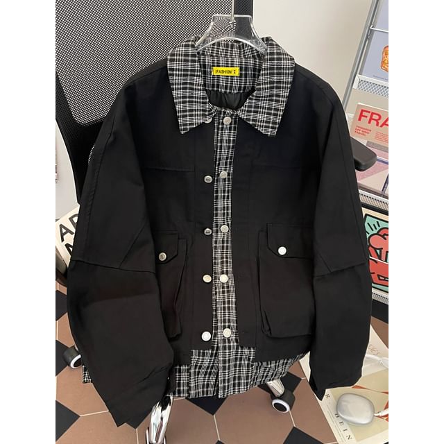Whyessa-Plaid Collar Button-Up Jacket