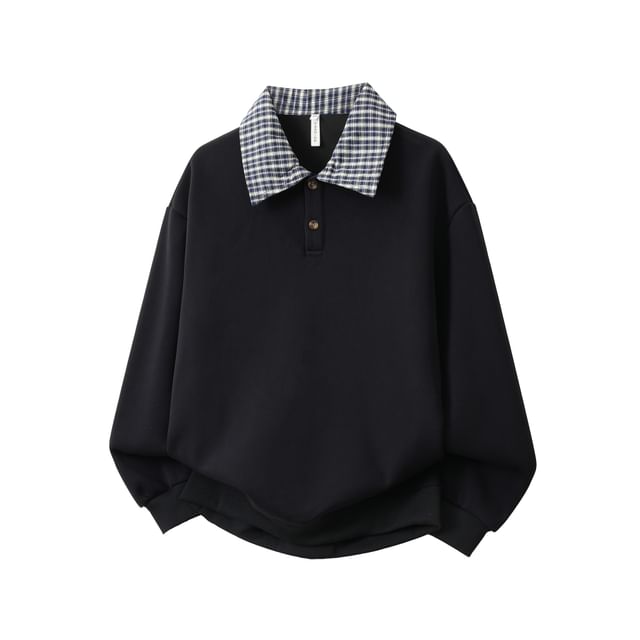 Whyessa-Plaid Collar Polo Sweatshirt