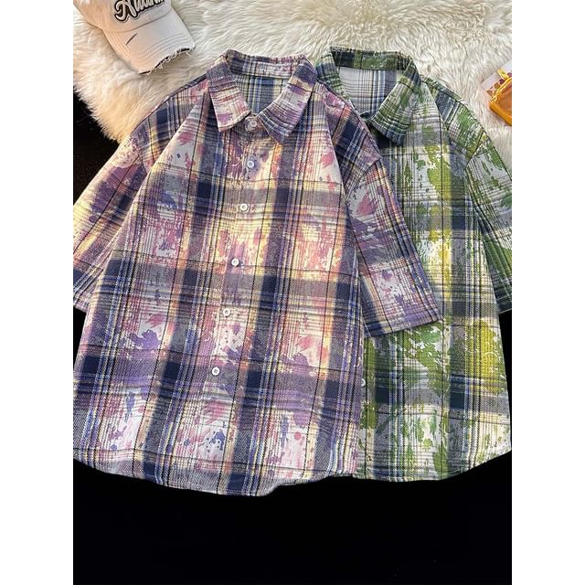 Whyessa-Short-Sleeve Collared Plaid Button Up Oversized Shirt