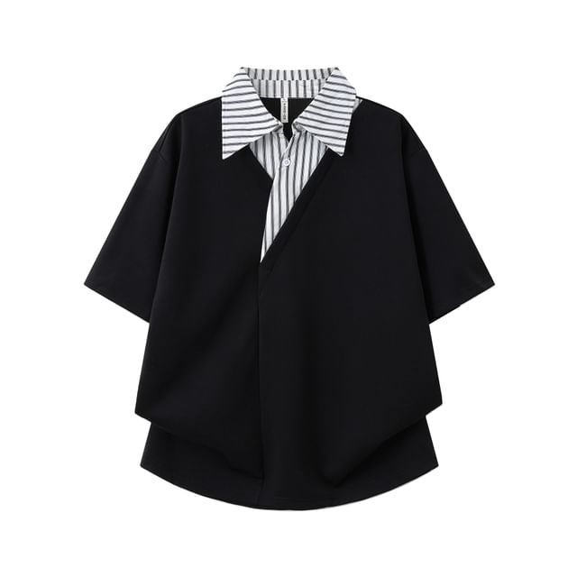 Whyessa-Short Sleeve Collared Striped Mock Two Piece Button Top