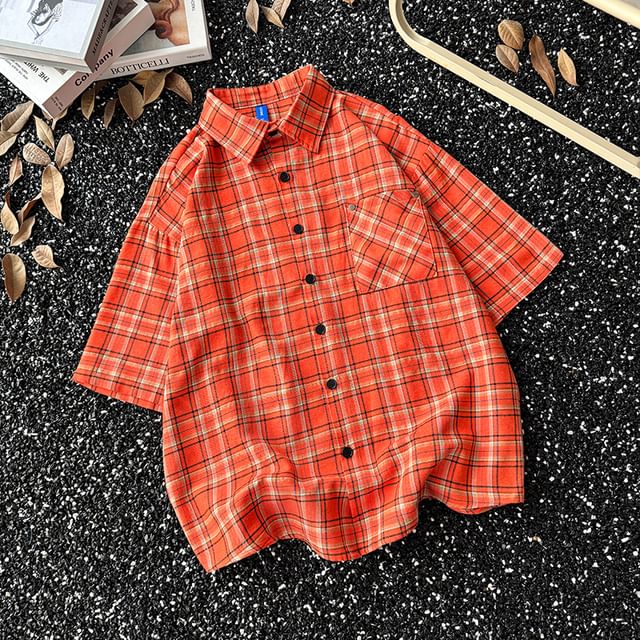 Whyessa-Short-Sleeve Plaid Button-Up Shirt
