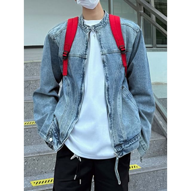 Whyessa-Stand Collar Button-Up Denim Jacket