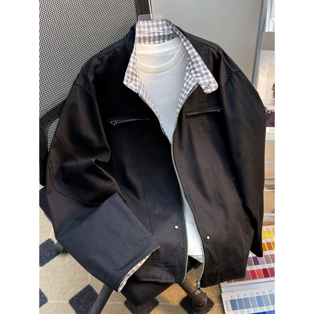 Whyessa-Stand Collar Plaid Panel Zip Jacket