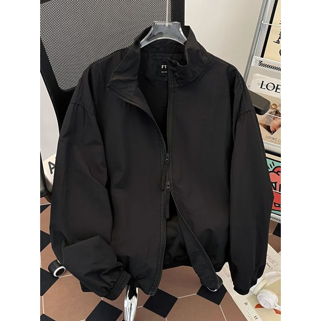 Whyessa-Stand Collar Plain Zip Jacket