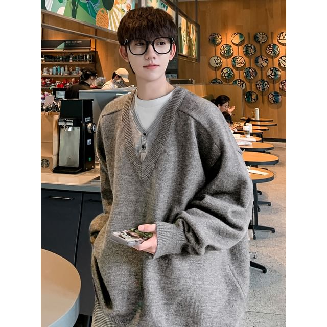 Whyessa-V-Neck Mock Two Piece Button Sweater