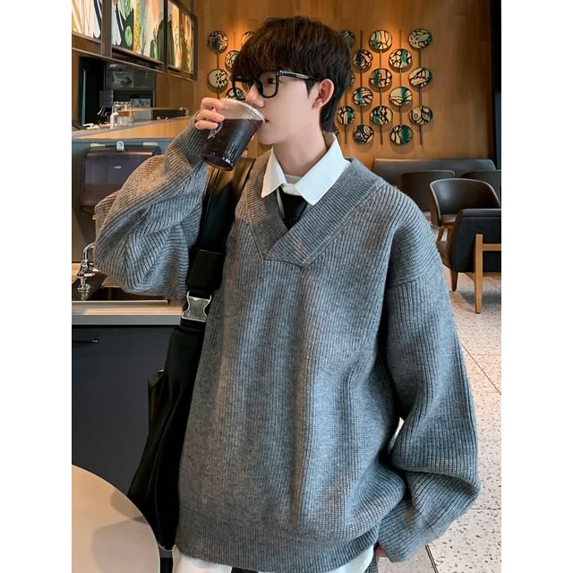 Whyessa-V-Neck Plain Ribbed Sweater