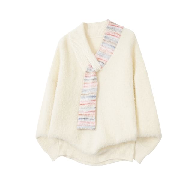 Whyessa-V-Neck Striped Panel Sweater