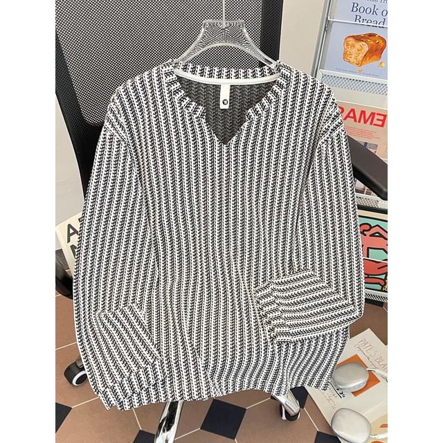 Whyessa-V-Neck Striped Sweatshirt