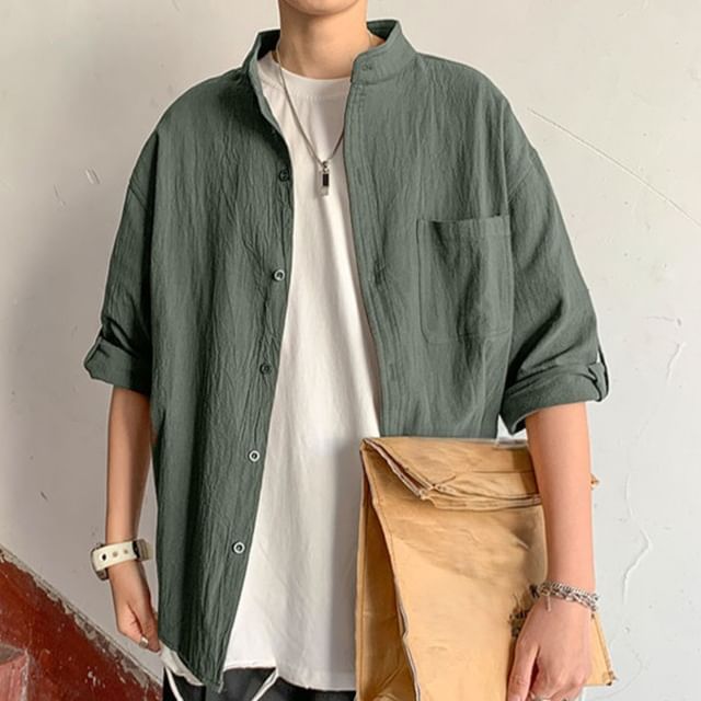 WidoWilder-34-Sleeve Stand Collar Button-Up Plain Shirt