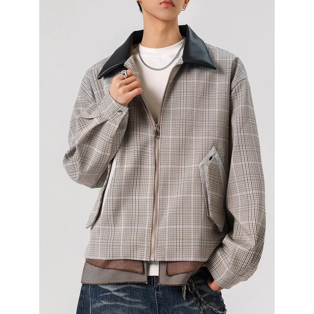 WidoWilder-Contrast Collar Houndstooth Zip-Up Barn Jacket
