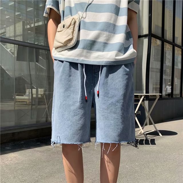 WidoWilder-Drawstring Waist Washed Frayed Wide Leg Jorts