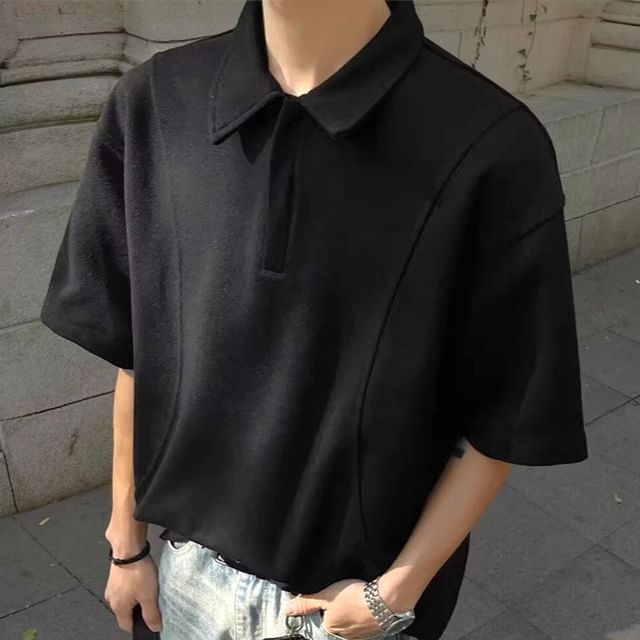 WidoWilder-Elbow-Sleeve Half-Zip Plain Polo Shirt