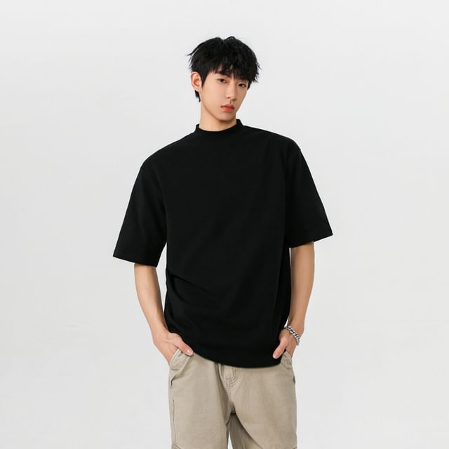WidoWilder-Elbow-Sleeve Mock Neck Plain T-Shirt