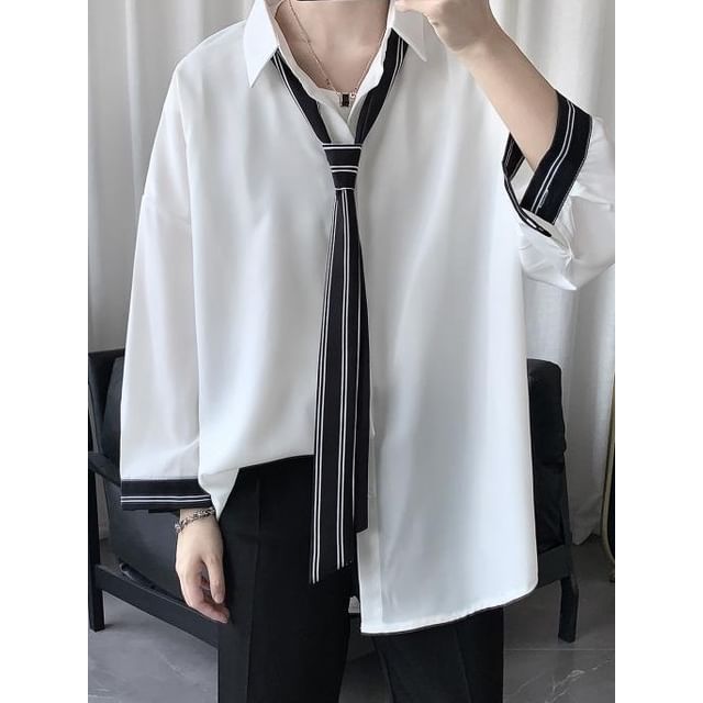 WidoWilder-Long-Sleeve Striped Trim Button-Up Shirt