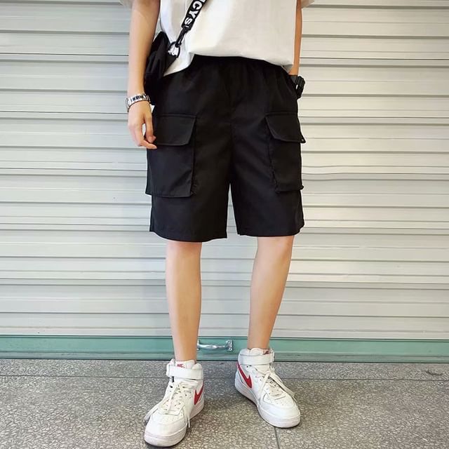 WidoWilder-Mid Rise Plain Wide Leg Cargo Shorts