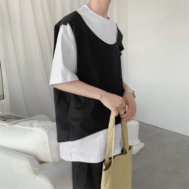 WidoWilder-Mock Two-Piece Elbow-Sleeve Crew Neck Two Tone Ripped T-Shirt