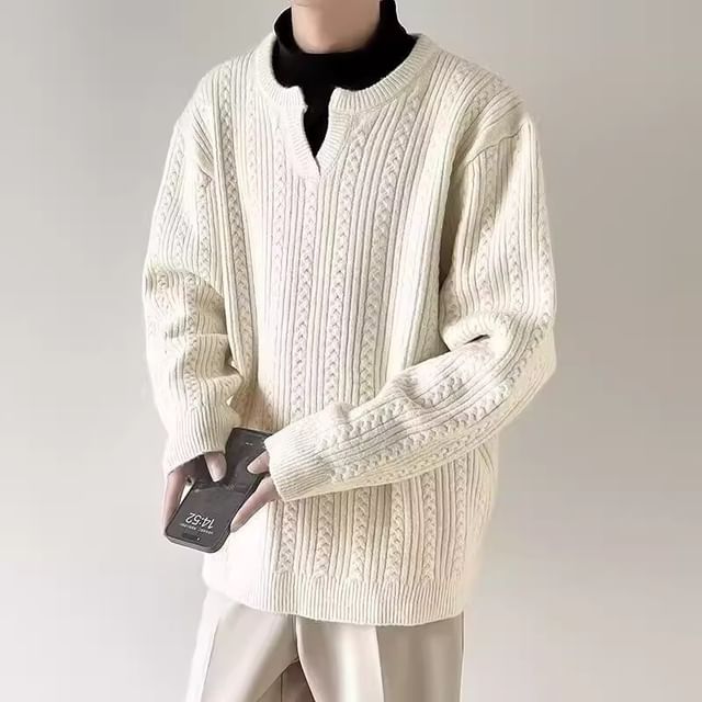 WidoWilder-Notch Neck Plain Cable Knit Sweater