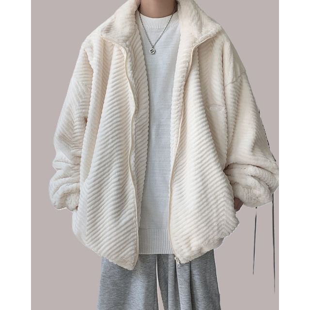 WidoWilder-Stand Collar Plain Fluffy Zip Jacket