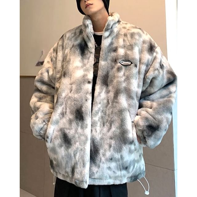 WidoWilder-Stand Collar Tie Dye Fleece Zip Jacket