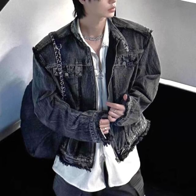 WidoWilder-Stand Collar Washed Frayed Zip-Up Denim Jacket