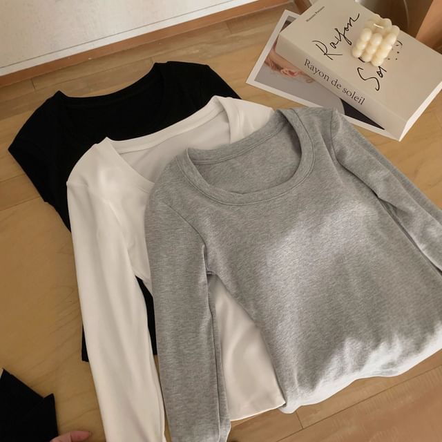 Wildery-Long-Sleeve Round Neck Plain Padded Tee