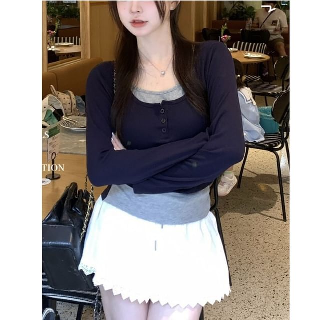 Wildery-Mock Two-Piece Long-Sleeve Two Tone Crop Top