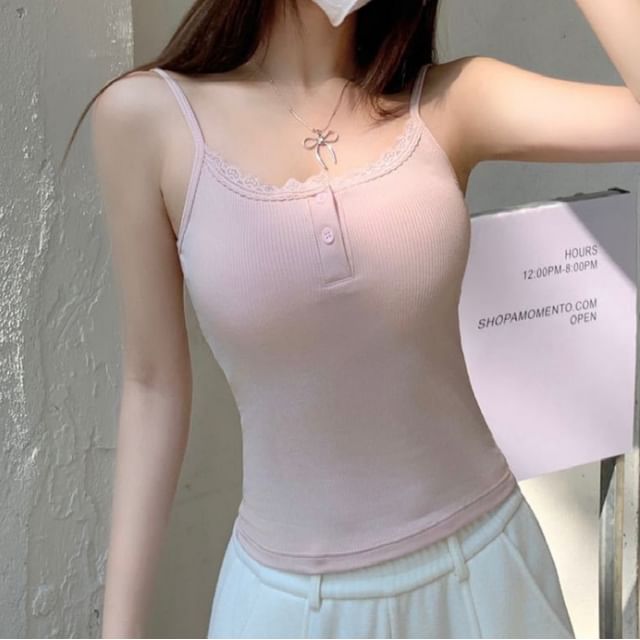 Wildery-Plain Lace Trim Button Padded Camisole Top