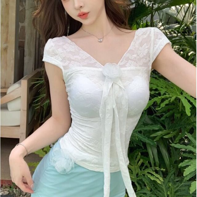 Wildery-Short-Sleeve V-Neck Lace Panel Top
