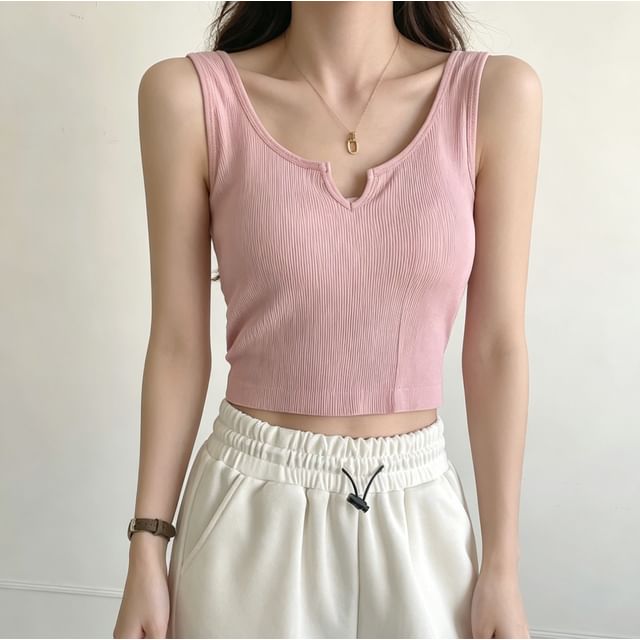 Wildery-Sleeveless Notch Neck Plain Ribbed Top