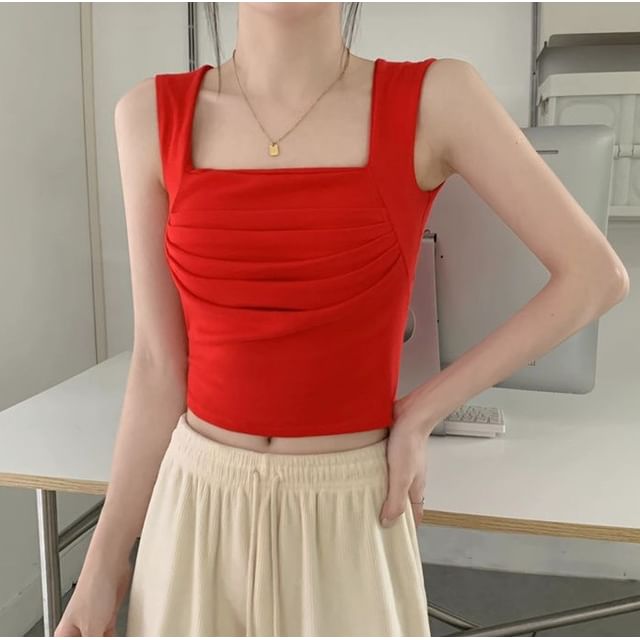 Wildery-Sleeveless Square Neck Plain Ruched Crop Top