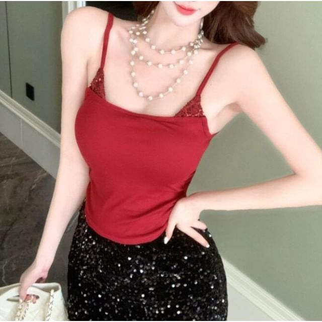 Wildery-Spaghetti Strap Plain Sequined Detail Camisole Top