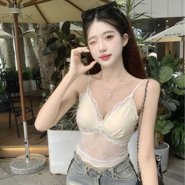 Wildery-Spaghetti Strap V-Neck Lace Panel Cami Top