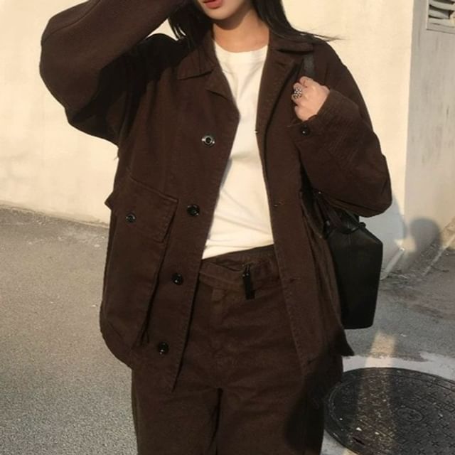 Wildfoea-Collared Plain Button Denim Jacket