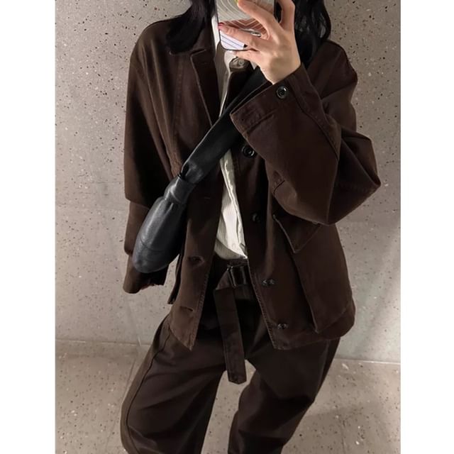 Wildfoea-Collared Plain Button Denim Jacket