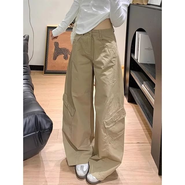 Wildfoea-High Rise Plain Baggy Cargo Pants