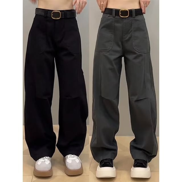 Wildfoea-High Rise Plain Baggy Pants