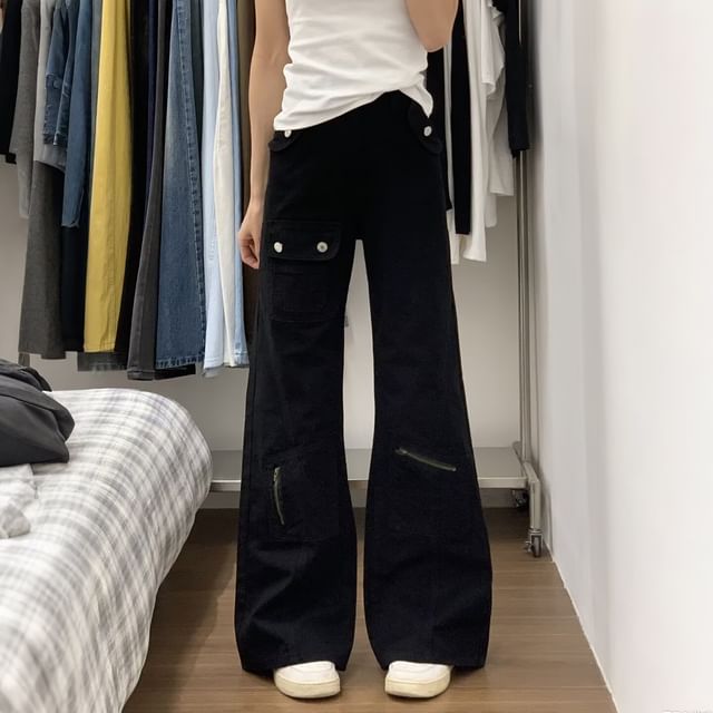 Wildfoea-High Rise Plain Flared Cargo Jeans