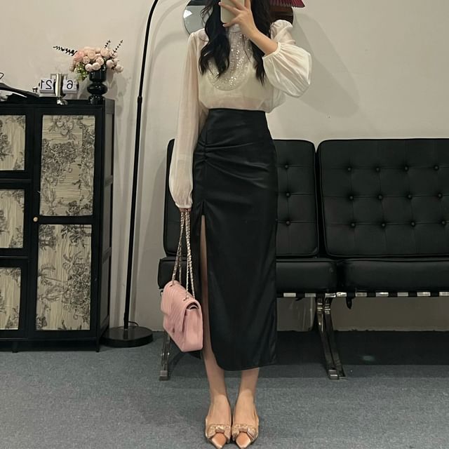 Wildfoea-High Rise Slit Hem Plain Midi Skirt